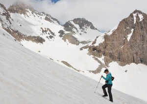 Tara Meyer climbs towards the top of Moura Pass in the Karatag Valley. Photo courtesy of the author.