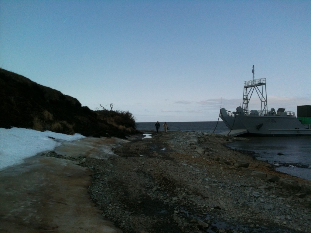 A supply ship docks on the shores of Mertarvik, the new town site for residents of Newtok. Photo by Will Murtha