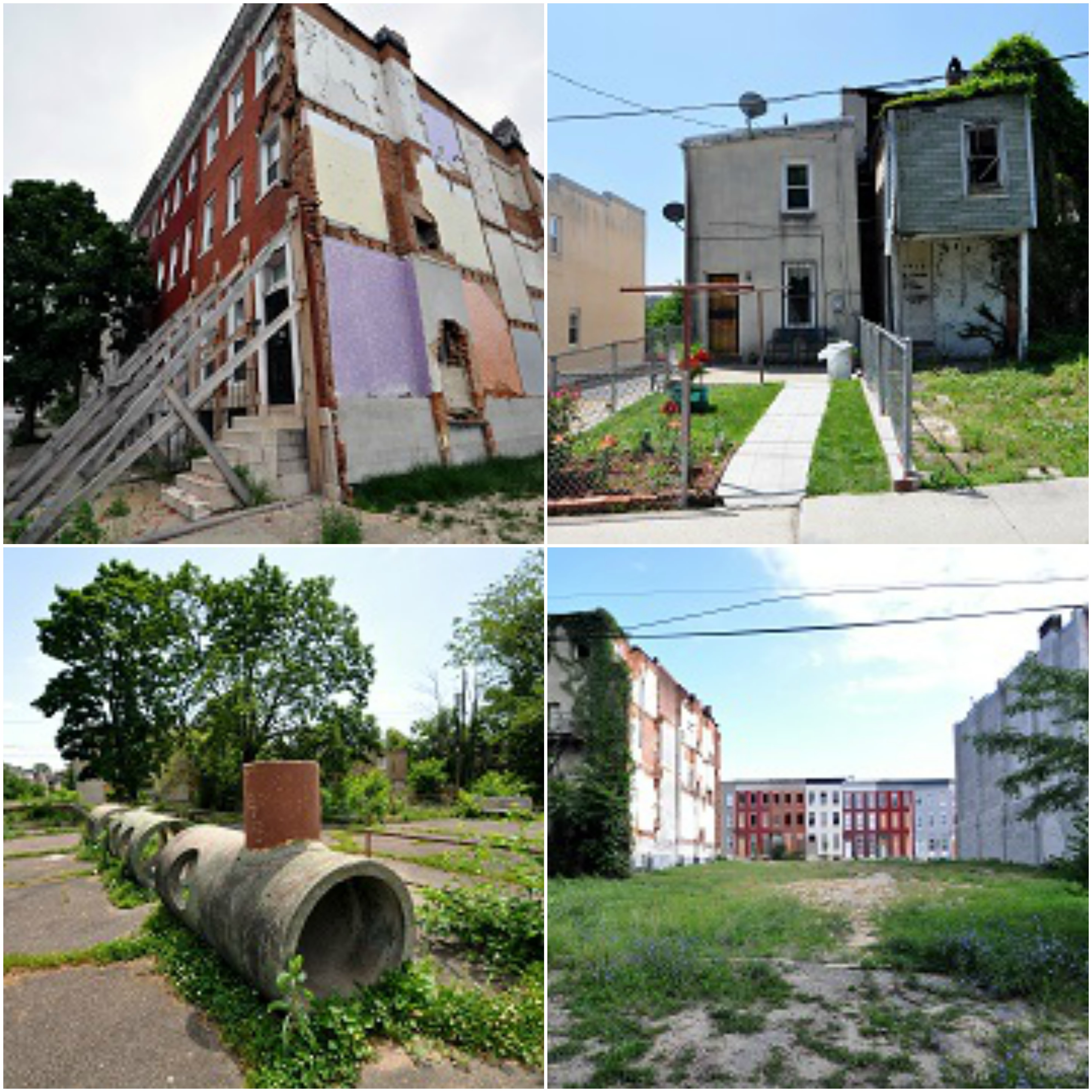 Owned/Abandoned: The drastic difference between an owned and a vacant property. Imagine what could be if more houses were revitalized and made into homes.

Failing House: Rowhouses are meant to support each other. When one is demolished, it threatens the structural integrity of those around it. In this case, a neighboring house was demolished, the new external wall was left unreinforced, and a homeowner was left unsupported.

Playground: Leftover concrete sewer pipes were repurposed as playground equipment during the 1960's installation of inner block parks in West Baltimore.

Rowhouses & Lots: The view from an inner block park to the adjacent street wall through vacant lots. What causes these spaces in the first place? And who participates in, and benefits from, outside intervention?
